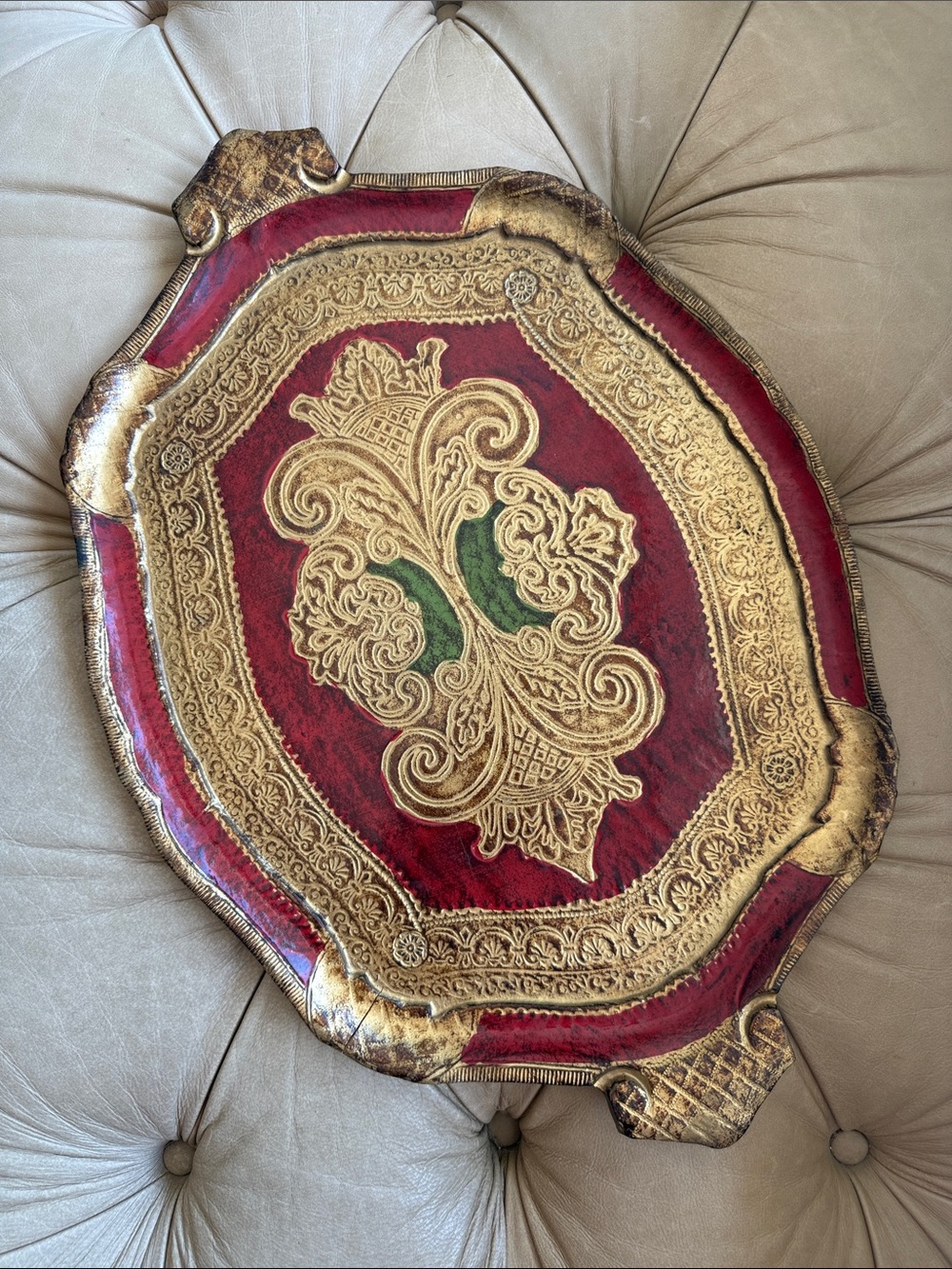 Vintage Italian Florentine Red and Gold Decorative Serving Tray